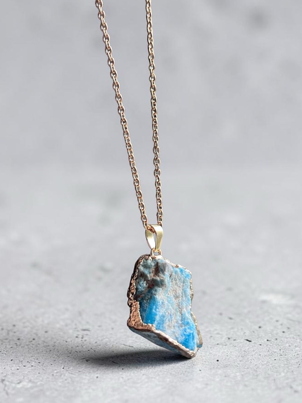 BLUE APATITE 14k gold plated raw cut natural stone pendant necklace gold chain